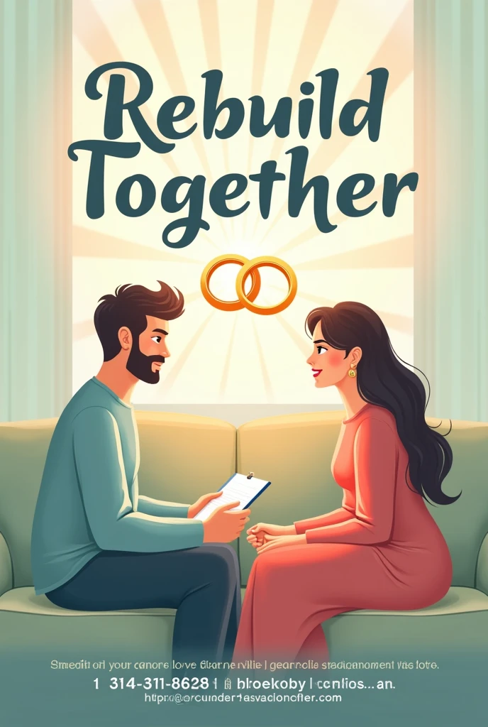 Imagine a poster promoting marital counseling. The design features a serene background with soft pastel colors like light blues, greens, and soft peach tones, evoking calmness and hope.
In the center, there is a pair of intertwined wedding rings, symbolizing unity and commitment, with gentle rays of light emanating from them, suggesting the renewal of love and connection. Above the rings, in elegant and welcoming font, the words "Rebuild Together" are prominently displayed.
Below the rings, there is an image of a couple sitting together on a cozy couch, their hands gently touching as they engage in a heartfelt conversation with a compassionate counselor seated across from them. The counselor has a warm and understanding expression, holding a notebook.
The tagline at the bottom reads, "Strengthen your bond through understanding and communication." Contact details for the counseling service are provided in a clean and easily readable format at the bottom of the poster.