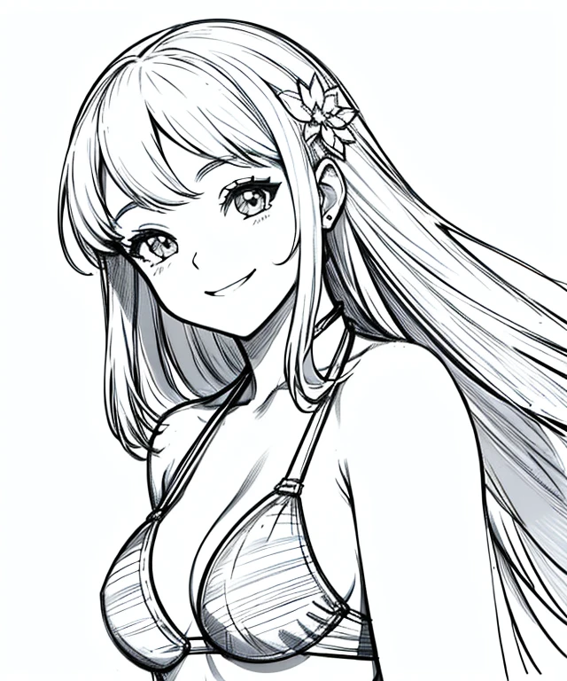 masterpiece, superlative, female, solo, bust closeup, small bikini, medium-long length hair, smiling, white background, monochrome, line drawing, ((sketch)) NSFW