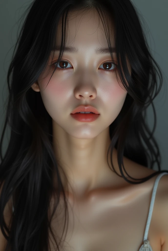 Japanese girl, 20 years old, 8k, hd, beautiful girl, black hair, very long hair, straight hair, closed mouth,1girl, detailed face, beautiful woman's face, naked , plummpy, looking at viewer