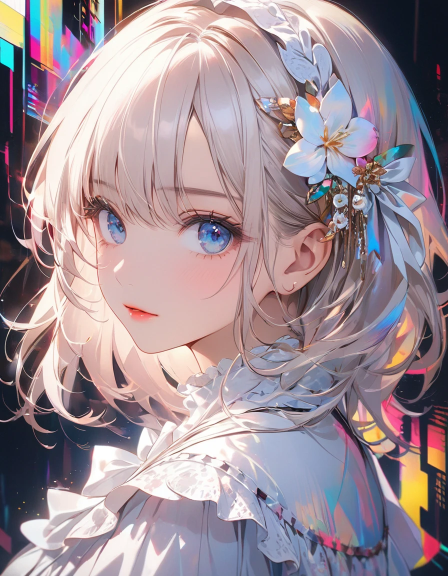 (glitch art:1.5),((noise and grain)),(top-quality),(masterpiece),Delicately drawn face,girl with a pretty face,beautiful detailed blue eyes,white ta Fashion,((white costume)),(Beautiful silky white hair:1.2),film lighting,abstract,a beautiful artistic illustration,geometric background,glitch lettering