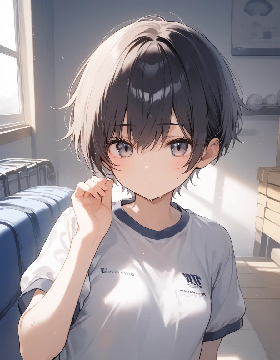 score_9, score_8_up, score_7_up, source_anime, best quality, masterpiece, official art, absurdres, highres, ultra-detailed,waifu2x,JAV Cover,break,1girl, tomboy, idol girl, gym uniform, very short hair, pixie cut, small breasts, slender, beautiful detailed eyes, expressionless, sweat, sleepily, sexual appeal, gym storeroom, mat, pov, indoors, break,(clear line illustration:1.2), super detailed skin, shiny skin, very high resolution, very aesthetic, Best sexual lighting powered by famous artist, 4k, 8k, 16k, cute picture, beauty illustration,photoshop_(medium),,(Detailed Lighting),best anime 8k konachan wallpaper, pixiv contest winner,