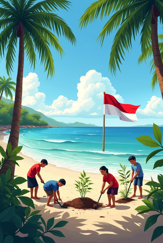 make me a banner design measuring 2 meters long and 1 meter wide with a design of planting mangroves on the beach and an Indonesian flag to commemorate Indonesian Independence Day
