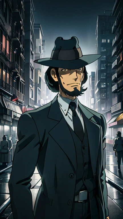 (1man, jigen), (extremely detailed CG unit 8k wallpaper),(master part), (best quality), (ultra detail), (best illustration),(ghibli style), cowboy shot, (Sharp eyeliner, ombre, detail eyes:1), dark city, outdoors, ,break , (mad-sincity), upper body,1940s, noir, night, hat, formal,