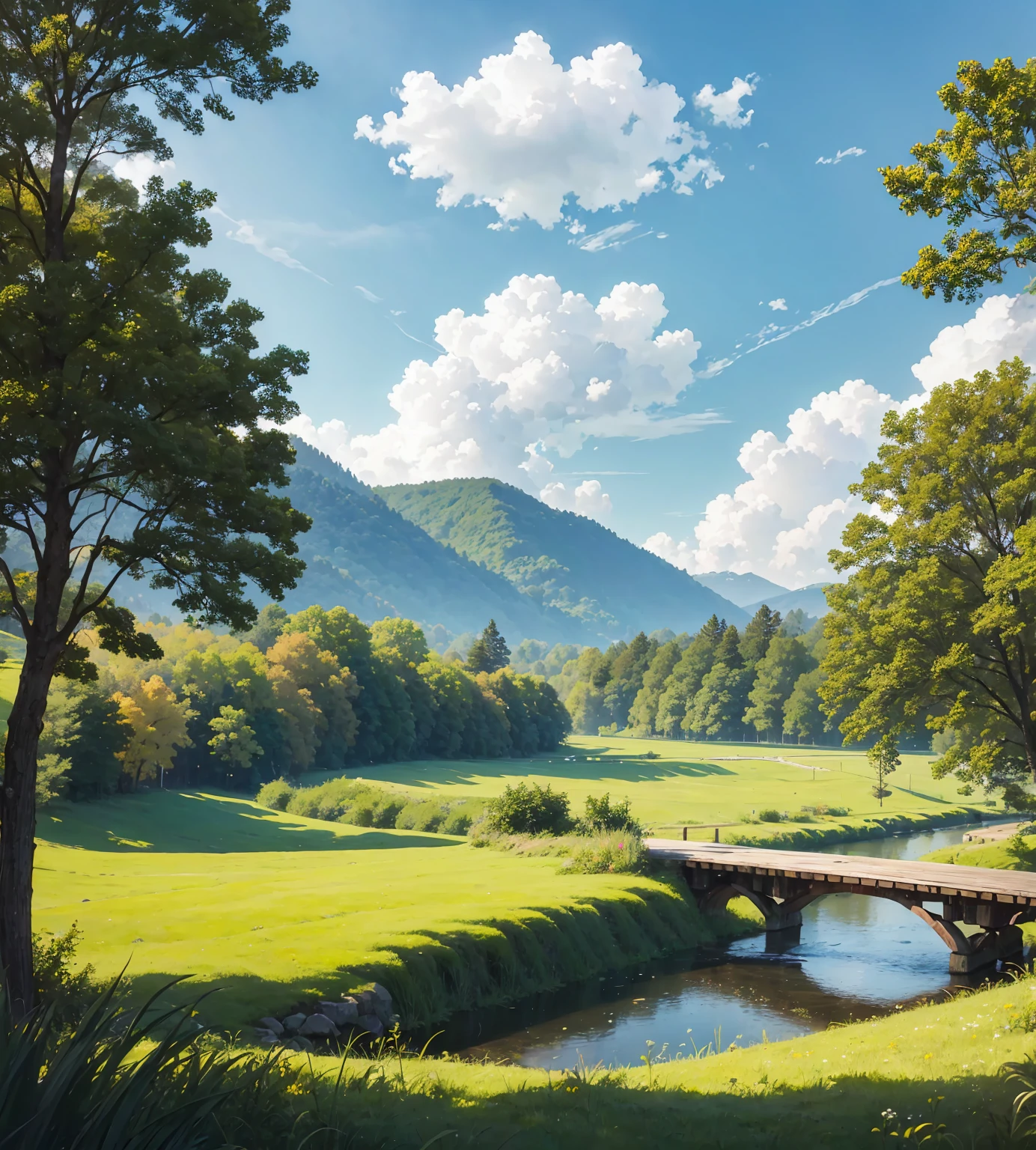 a peaceful countryside landscape, rolling hills, lush green meadows, winding river, old wooden bridge, fluffy white clouds, warm golden sunlight, vibrant colors, detailed foliage, serene atmosphere, tranquil pond, picturesque scenery, cinematic composition, (best quality,4k,8k,highres,masterpiece:1.2),ultra-detailed,(realistic,photorealistic,photo-realistic:1.37),landscape,plein air,natural light,vibrant colors,cinematic,stunning