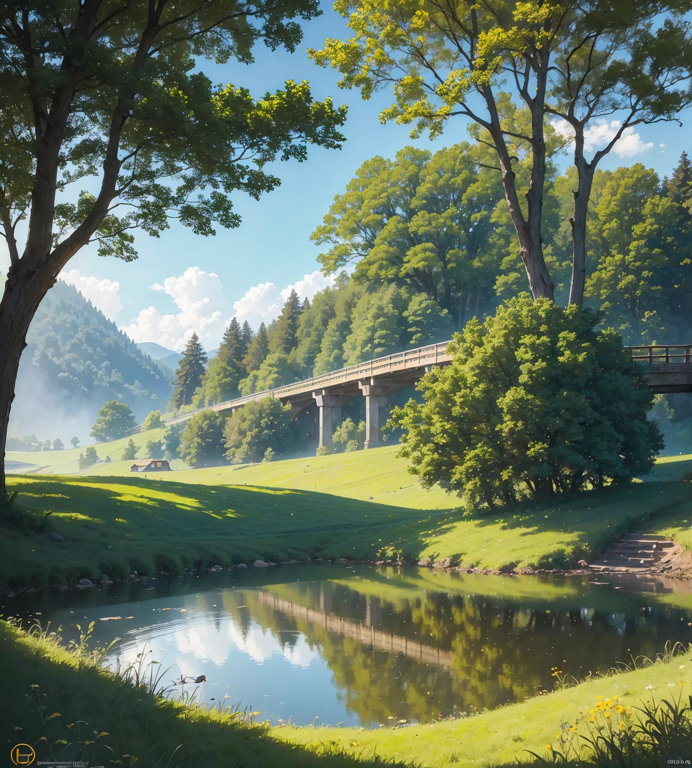 a peaceful countryside landscape, rolling hills, lush green meadows, winding river, old wooden bridge, fluffy white clouds, warm golden sunlight, vibrant colors, detailed foliage, serene atmosphere, tranquil pond, picturesque scenery, cinematic composition, (best quality,4k,8k,highres,masterpiece:1.2),ultra-detailed,(realistic,photorealistic,photo-realistic:1.37),landscape,plein air,natural light,vibrant colors,cinematic,stunning