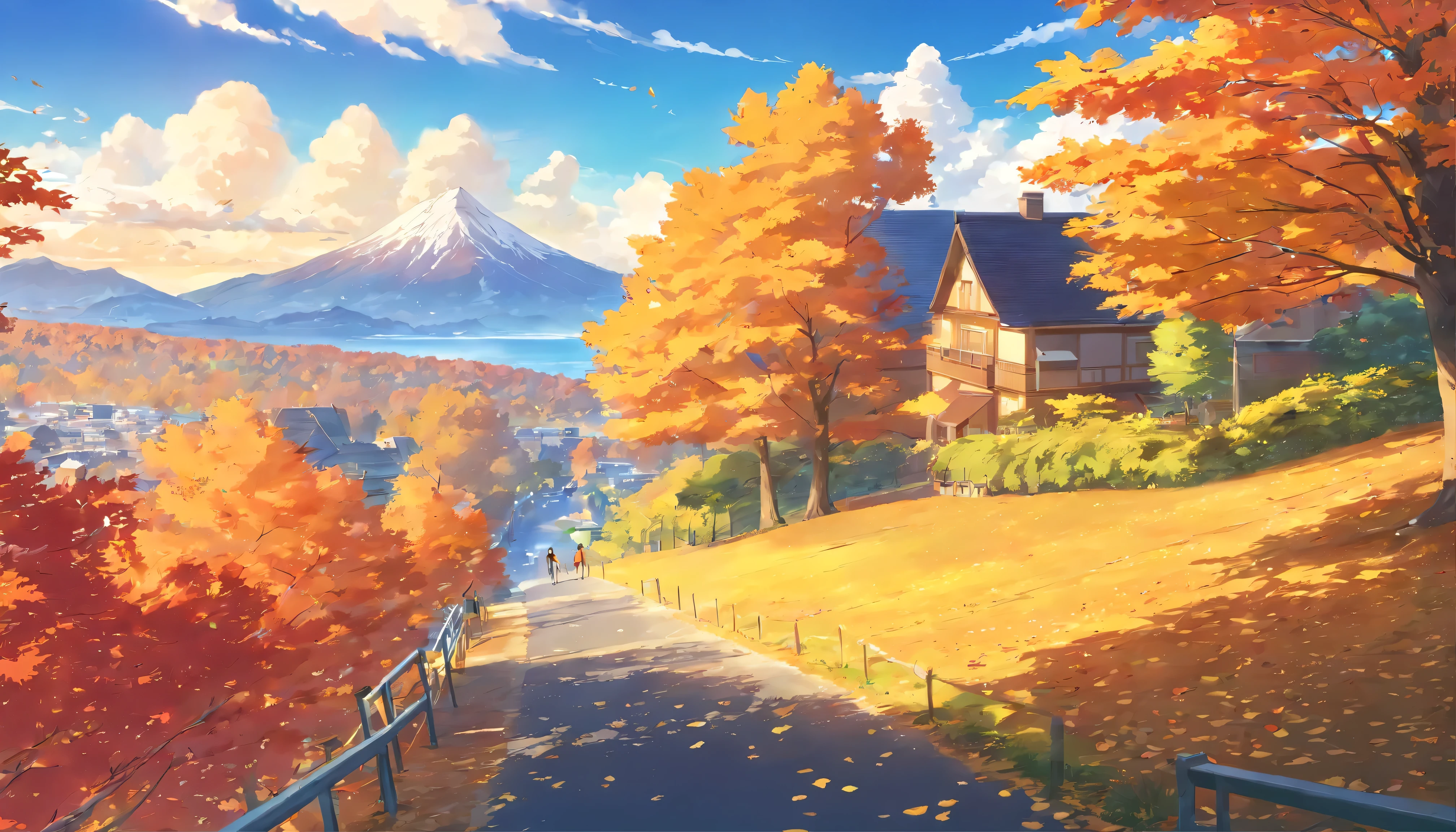 Autumn scenery, maple leaves falling, a golden yellow, blue sky, white clouds, mountains in the distance, very romantic, cozy, tranquil, visual impact, Hayao Miyazaki, anime, best quality, ultra high definition, high quality, high detail, perfect picture, textured skin, accurate, fine detail