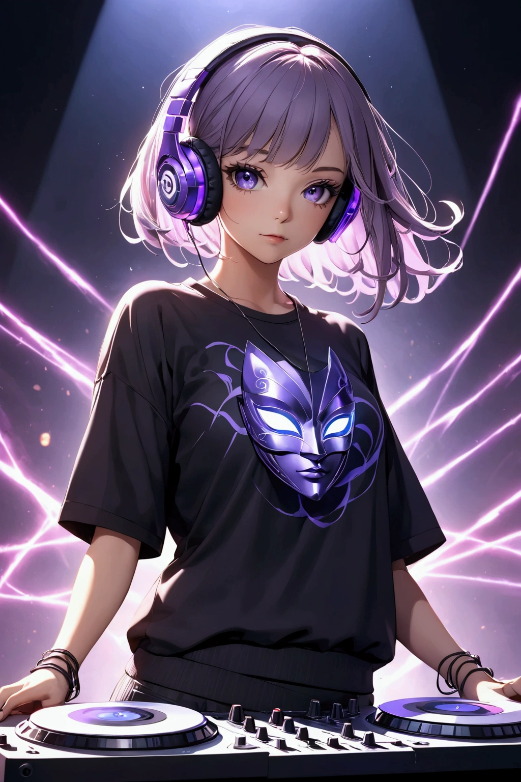AddXL, style of Light painting, Girl using mask, Short purple hair, white highlights, purple glowing headphones, beautiful eyes, black top , Hip-hop style clothing, DJ set music, 8K,