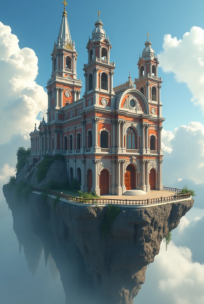 A large, ornate Catholic cathedral with a prominent clock tower and intricate architectural details. The building has a brownish red and white color scheme with arched windows and decorative elements. The cathedral appears to be located a floating rock