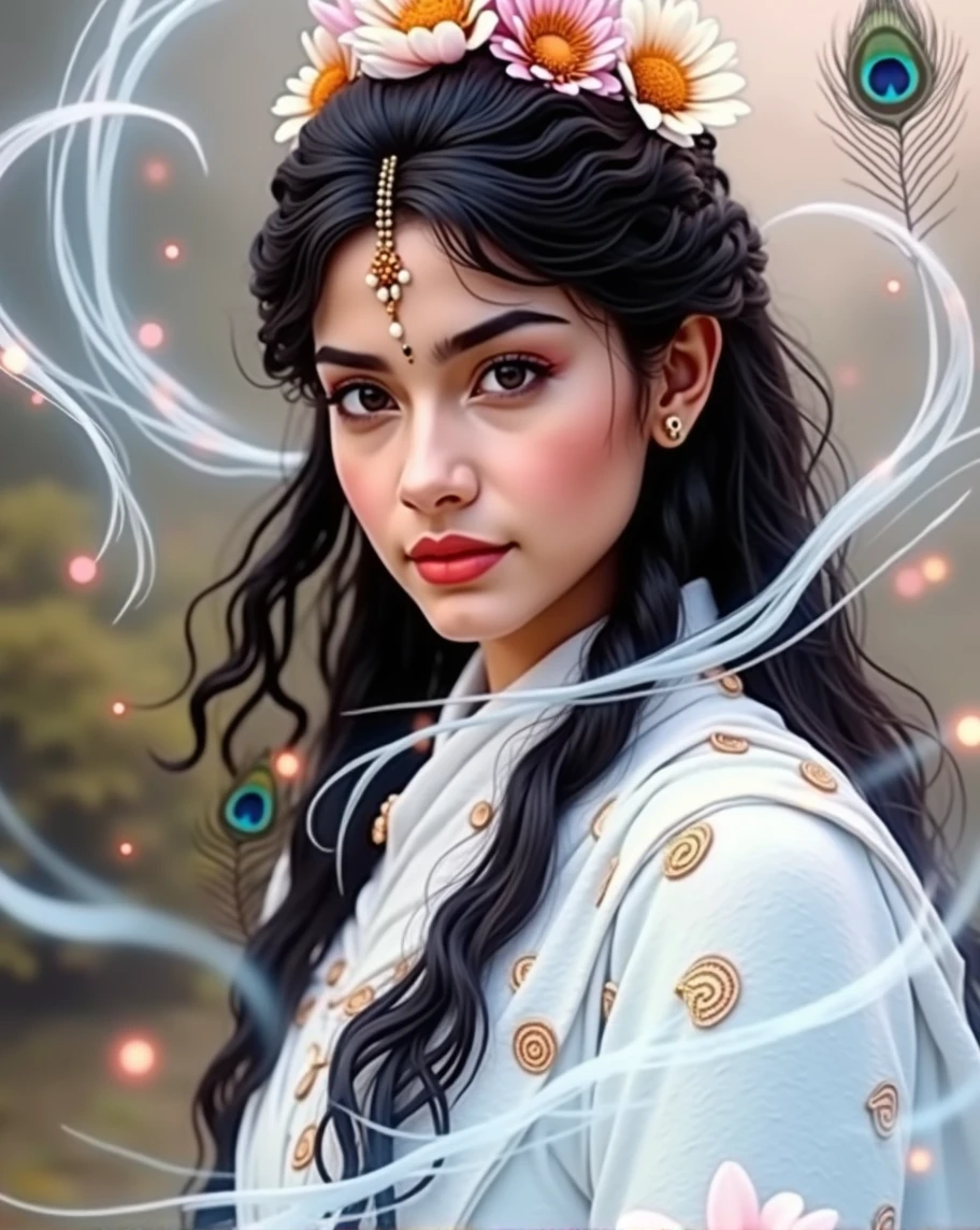a mystical hindu goddess, celestial maiden, long flowing hair, serene expression, ornate jewelry, lotus flower crown, draped golden robe, glowing ethereal skin, surrounded by swirling mist, sunlight streaming through clouds, intricate henna patterns on hands and feet, peacock feathers, levitating above sacred river, (best quality,4k,8k,highres,masterpiece:1.2),ultra-detailed,(realistic,photorealistic,photo-realistic:1.37),highly detailed face and features,dramatic lighting,vibrant colors,cinematic composition