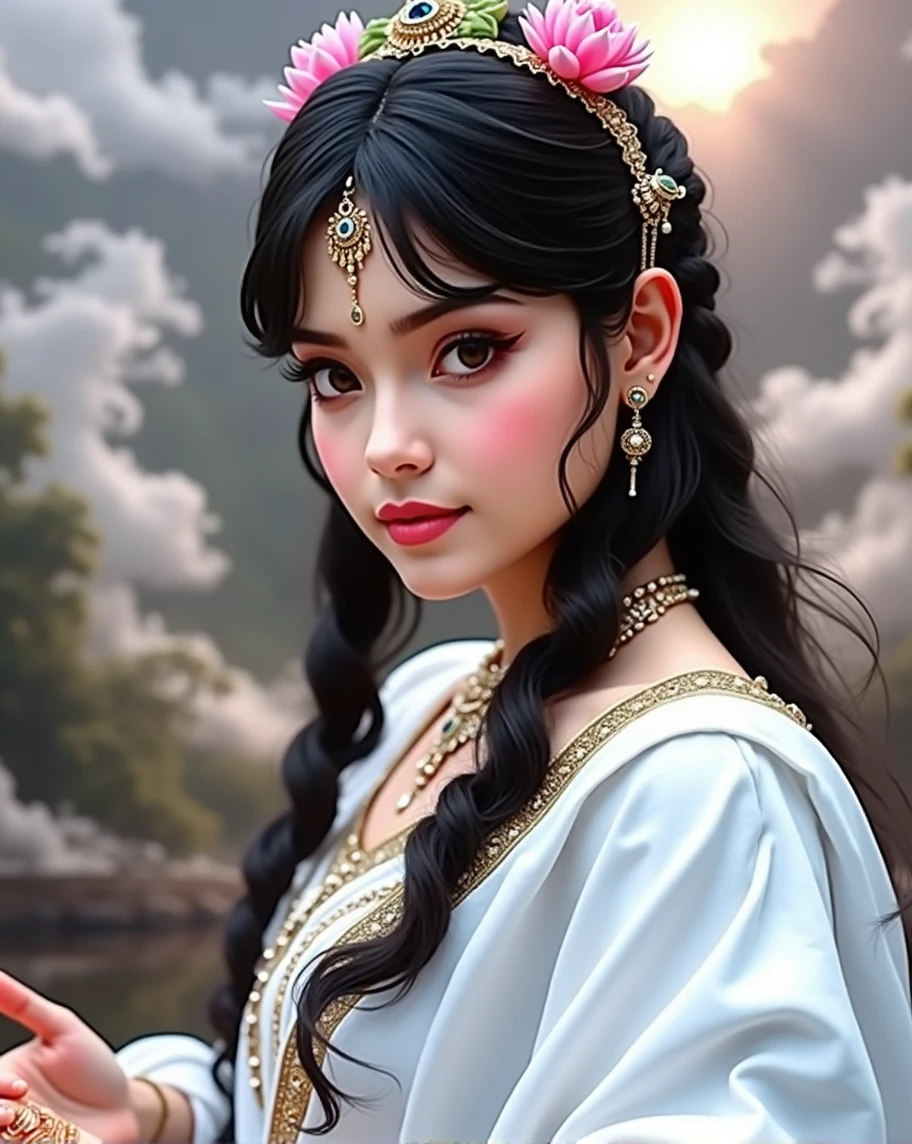 a mystical hindu goddess, celestial maiden, long flowing hair, serene expression, ornate jewelry, lotus flower crown, draped golden robe, glowing ethereal skin, surrounded by swirling mist, sunlight streaming through clouds, intricate henna patterns on hands and feet, peacock feathers, levitating above sacred river, (best quality,4k,8k,highres,masterpiece:1.2),ultra-detailed,(realistic,photorealistic,photo-realistic:1.37),highly detailed face and features,dramatic lighting,vibrant colors,cinematic composition
