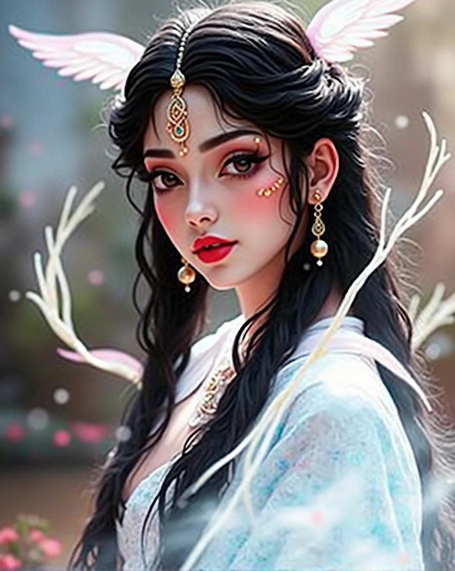 a mystical hindu goddess, celestial maiden, long flowing hair, serene expression, ornate jewelry, lotus flower crown, draped golden robe, glowing ethereal skin, surrounded by swirling mist, sunlight streaming through clouds, intricate henna patterns on hands and feet, peacock feathers, levitating above sacred river, (best quality,4k,8k,highres,masterpiece:1.2),ultra-detailed,(realistic,photorealistic,photo-realistic:1.37),highly detailed face and features,dramatic lighting,vibrant colors,cinematic composition