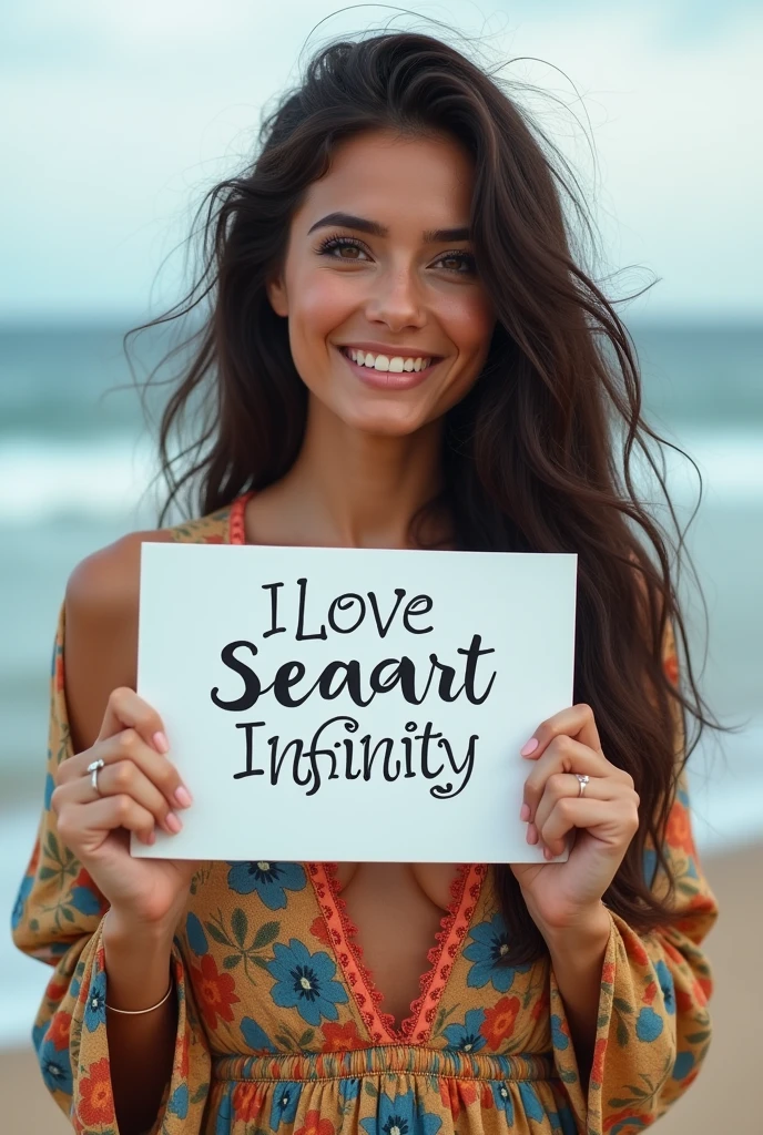 Beautiful girl with wavy long hair, bohemian dress, holding a white board with text "I Love Seaart Infinity" and showing it to the viewer