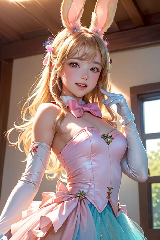 masterpiece, Highest quality, Highly detailed CG Unity 8k wallpaper, (Closeup shot of the upper body head of a beautiful girl), wendy, Elegant long straight blonde hair, (Mckenna Grace), ((Flat Chest,Thighs)), ((pink cyan)) Golden ((Sparkly tutu,long rabbit ears headgear, Gloves, bow tie, zettai ryouiki)), ((Kneel,,From below)), (blush), Oilskin, (Captivating smile), (Wonderland), Pretty face, Key Art, Awards, intricate detail realism hdr, by (Luan Jia, Altgerm and Range Murata), Photorealism, Hyperrealism, Ultra-realistic, Dramatic Light, Strong Shadows, Nice views, Depth of written boundary
 
