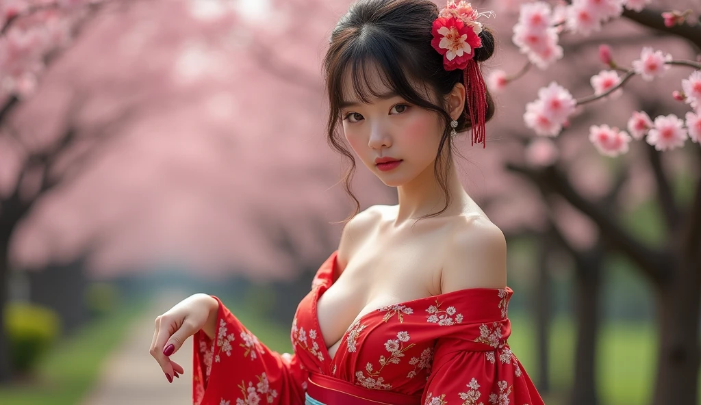 
beautiful japanese woman with big breasts in revealing red kimono sakura garden bare legs off shoulders full length