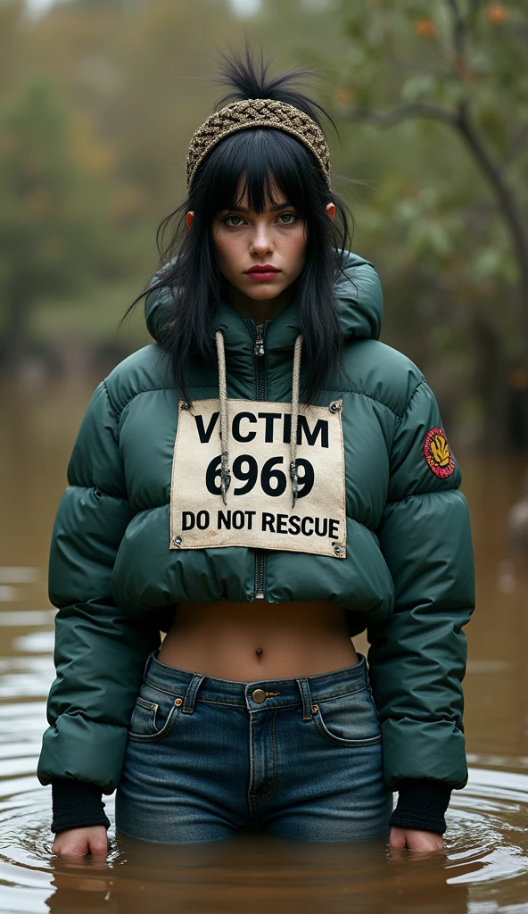 woman, sport short down jacket,bib "VICTIM 6969 DO NOT RESCUE" above jacket, flared jeans, stuck in bog, headdress,makeup.collar only