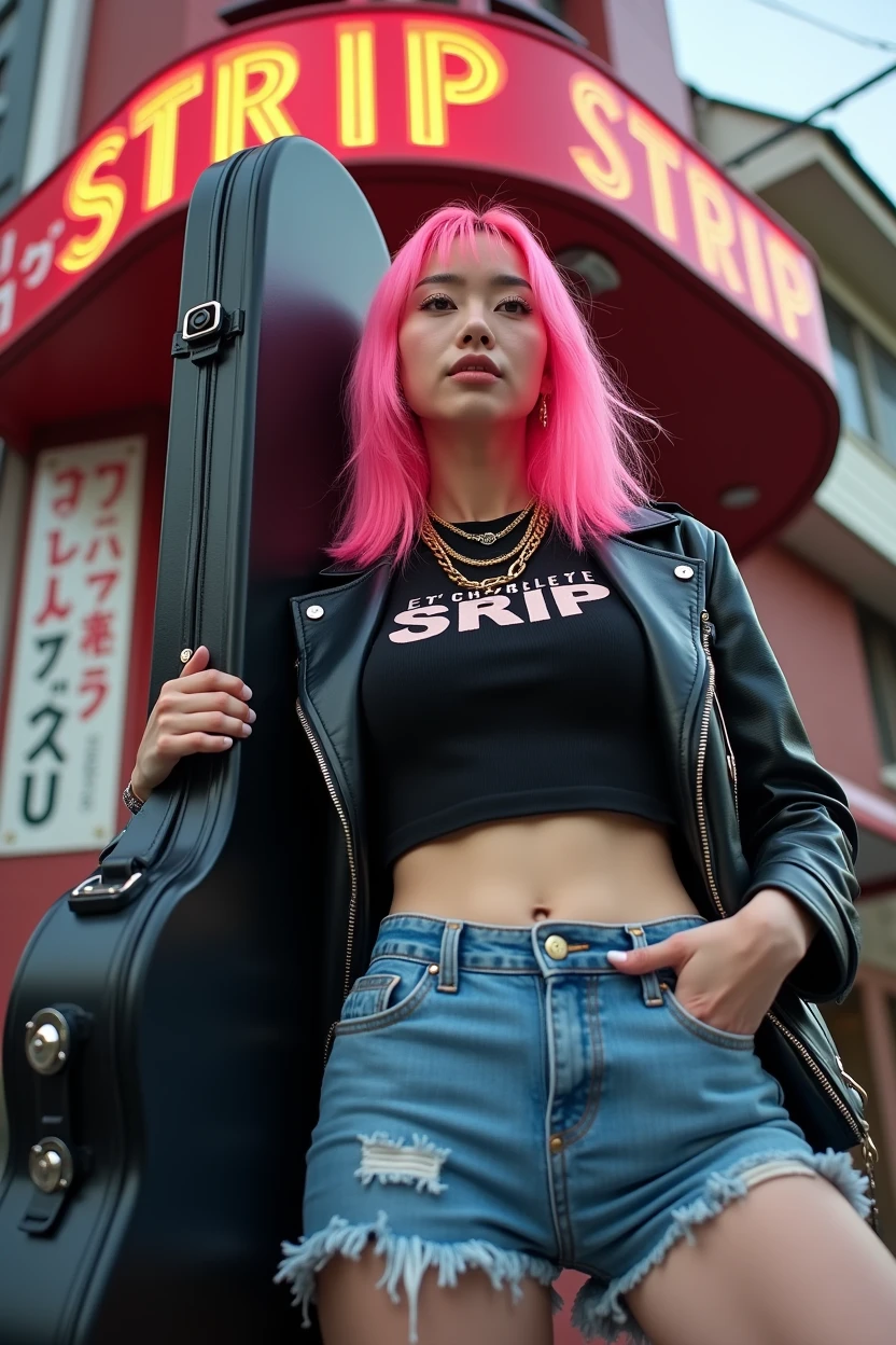 (((Japanese woman carrying a large black guitar case))), 26 year old adult woman wearing a black crew neck top with large English letters on her chest and short blue jeans posing for a photo, busty female porn actor, dynamic pose, model pose for rock music magazine, unimaginably beautiful woman with slender curves, Japanese female fashion model, (((very bright pink hair))), happy, thick chain jewelry around neck and arms, (((in front of a strip theater in Asakusa))), pure and beautiful smile, intelligent face, slender curves, big breasts, wearing a black t-shirt, a very small leather jacket, denim shorts, (((extreme low angle))), null, building, carrying a black guitar case with a guitar strap attached