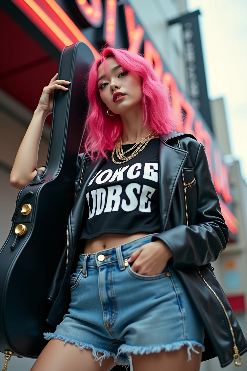 (((Japanese woman carrying a large black guitar case))), 26 year old adult woman wearing a black crew neck top with large English letters on her chest and short blue jeans posing for a photo, busty female porn actor, dynamic pose, model pose for rock music magazine, unimaginably beautiful woman with slender curves, Japanese female fashion model, (((very bright pink hair))), happy, thick chain jewelry around neck and arms, (((in front of a strip theater in Asakusa))), pure and beautiful smile, intelligent face, slender curves, big breasts, wearing a black t-shirt, a very small leather jacket, denim shorts, (((extreme low angle))), null, building, carrying a black guitar case with a guitar strap attached