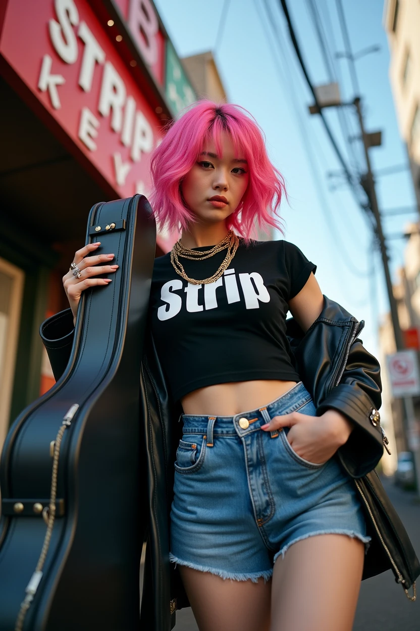 (((Japanese woman carrying a large black guitar case))), 26 year old adult woman wearing a black crew neck top with large English letters on her chest and short blue jeans posing for a photo, busty female porn actor, dynamic pose, model pose for rock music magazine, unimaginably beautiful woman with slender curves, Japanese female fashion model, (((very bright pink hair))), happy, thick chain jewelry around neck and arms, (((in front of a strip theater in Asakusa))), pure and beautiful smile, intelligent face, slender curves, big breasts, wearing a black t-shirt, a very small leather jacket, denim shorts, (((extreme low angle))), null, building, carrying a black guitar case with a guitar strap attached