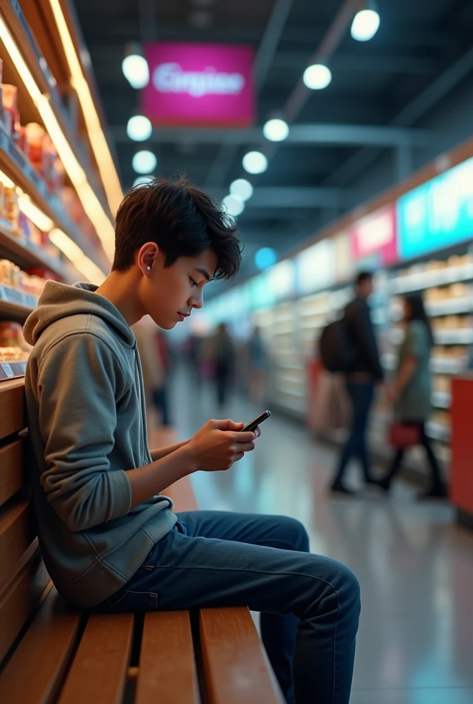 teenage boy with cell phone on a bench in supermarket, looking down at the cell phone