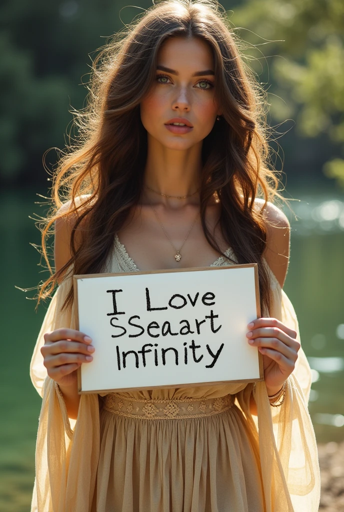 Beautiful girl with wavy long hair, bohemian dress, holding a white board with text "I Love Seaart Infinity" and showing it to the viewer