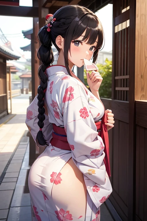 3D anime Japanese high school girl 18 years old Braided hair Cute yukata Looking up from behind Round ass Flushed cheeks Kyoto city Holding a fan to her mouth