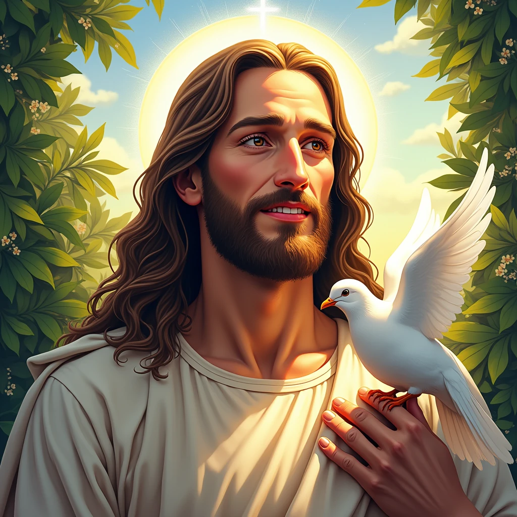 (best quality,high resolution),Jesus serene,comely Jardim,detailded,portraits,serenely illuminated face,perfects eyes,heavenly aura,JesusChrist,white dove, merciful,comely,comic-book style,bright coloured,Godlike,sky setting,soft lighting,expression of love,Flawless skin, presence of love,smile of love,charitable pose,garden background, luminous aura,radiant atmosphere