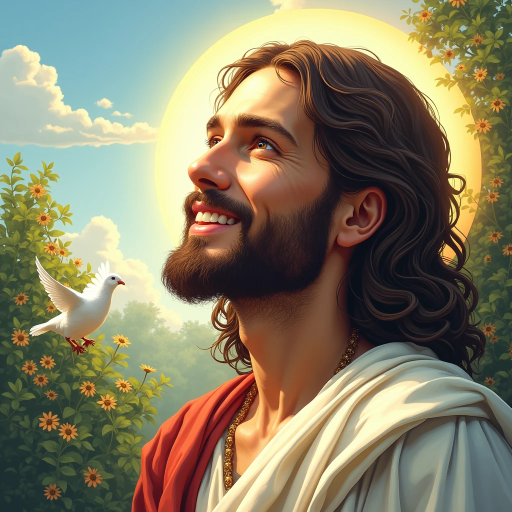 (best quality,high resolution),Jesus serene,comely Jardim,detailded,portraits,serenely illuminated face,perfects eyes,heavenly aura,JesusChrist,white dove, merciful,comely,comic-book style,bright coloured,Godlike,sky setting,soft lighting,expression of love,Flawless skin, presence of love,smile of love,charitable pose,garden background, luminous aura,radiant atmosphere