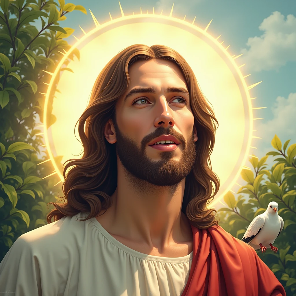(best quality,high resolution),Jesus serene,comely Jardim,detailded,portraits,serenely illuminated face,perfects eyes,heavenly aura,JesusChrist,white dove, merciful,comely,comic-book style,bright coloured,Godlike,sky setting,soft lighting,expression of love,Flawless skin, presence of love,smile of love,charitable pose,garden background, luminous aura,radiant atmosphere