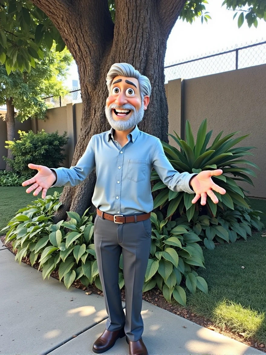 gray-haired man with open arms and smiling with a tree in the background. Disney Pixar 3D Style
