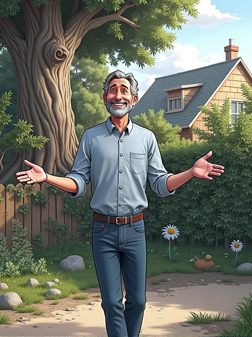 gray-haired man with open arms and smiling with a tree in the background. Disney Pixar 3D Style
