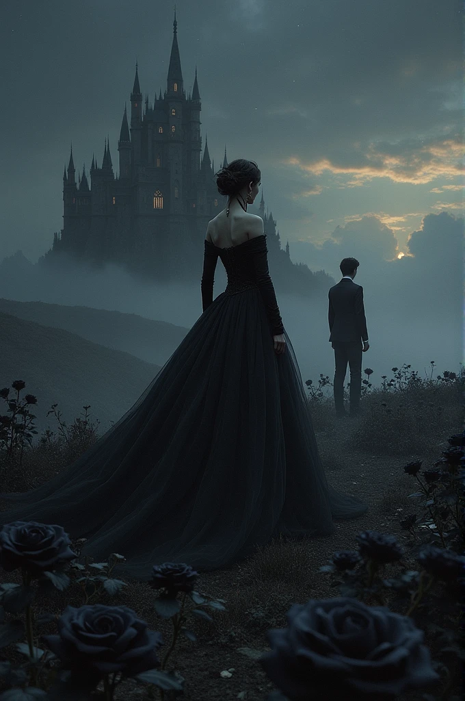 A dark palace on the horizon,
A dark princess with a magnificent and puffy black dress,
A prince with a magnificent black suit,
full of black roses around,
The sky is black with stars and a drop of sunset