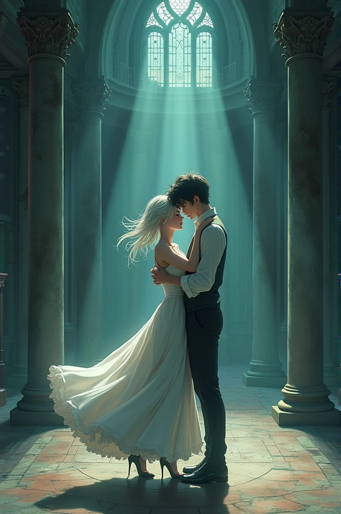 A short, messy white-haired woman with a small smile and closed eyes, wearing a white dress, is dancing with a black-haired man with brown eyes, dressed in a neat black suit, also smiling with his eyes closed. The background is set inside an abandoned castle. The image is in a realistic anime style with dim RGB lighting.