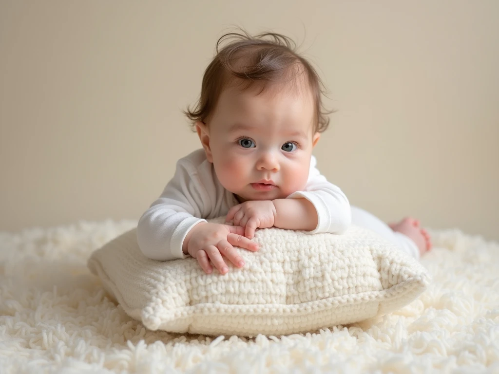 4-month-old baby holding a pillow