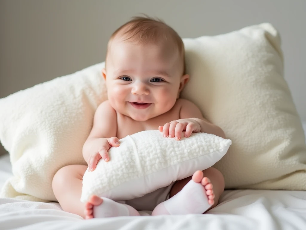 4-month-old baby holding a pillow