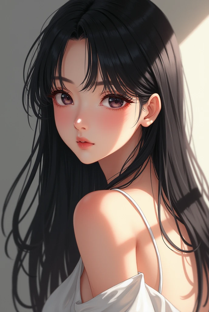 Japanese girl, 20 years old, beautiful girl, black hair, very long hair, straight hair, closed mouth, 1girl, detailed face, naked , plummpy, looking at viewer