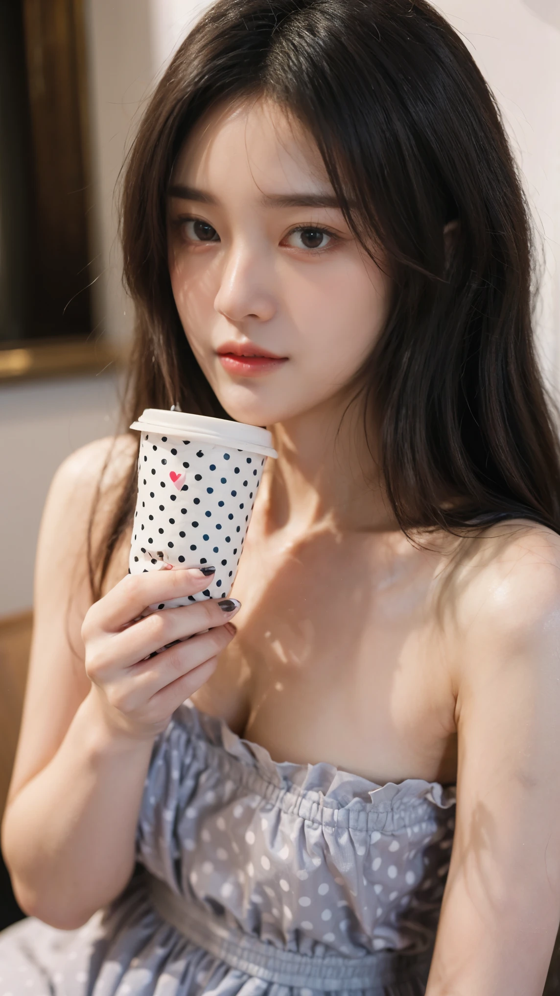 masterpiece, best quality, ultra-realistic, close-up shot, cute young woman, Korean idol, heart-shaped face, large almond eyes, silky black hair styled in loose waves, small rosy lips, gentle smile, (wearing vintage polka dot dress:1.3), holding a cup of coffee near her lips, retro café background with warm lighting, detailed facial features, soft shadows, 85mm lens, (Shallow depth of field), fashion photography, nostalgic vibe