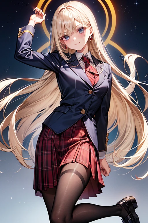Character appearance:
face: Big eyes、Sharp jaw、Thin eyebrows、整ったface立ち
目: Big, bright eyes、Star-like highlight hairstyle: Long Straight Hair、The bangs are straight and fall over the forehead.: Light brown or platinum blonde skin: Light Skin Tone、Smooth and healthy looking skin: Calm and gentle smile, clothing:
tops: Dark navy tight-fitting uniform jacket、Gold Button(Three-pronged)、White blouse、Red ribbon tie bottoms: Checkered pleated skirt(Navy and red tartan check)
accessories: Simple stud earrings、Slim wristwatch(silver)
shoes: Black Loafers