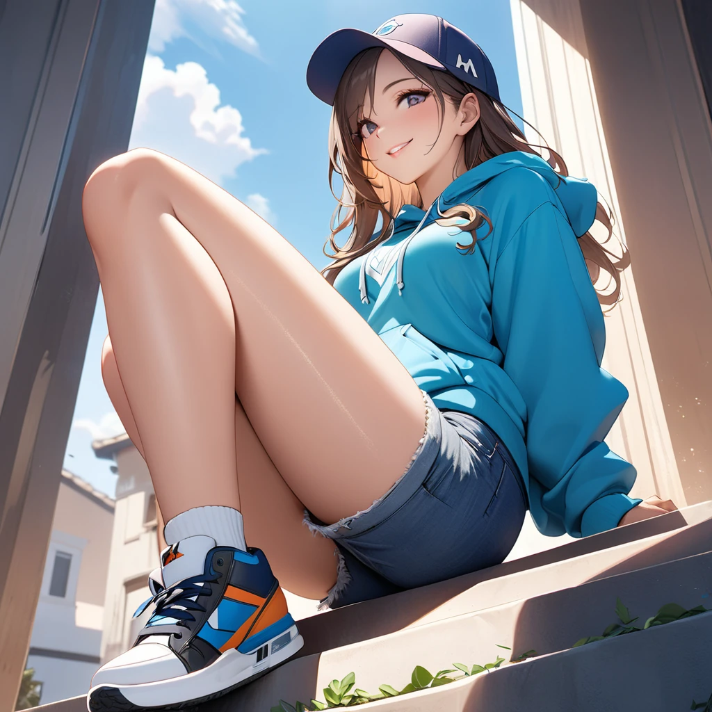 ((Masterpiece, top quality, high resolution, highly detailed CG unified 8K wallpaper)), (huge stunning goddess shot, very hot and sexy, jaw-dropping beauty, perfect proportions, beautiful body, slim body beauty:1.3), Portrait of woman sitting on stairs, smiling, casually dressed, (wearing baseball cap, hoodie, denim shorts and sneakers:1.2), (view from below:1.6),