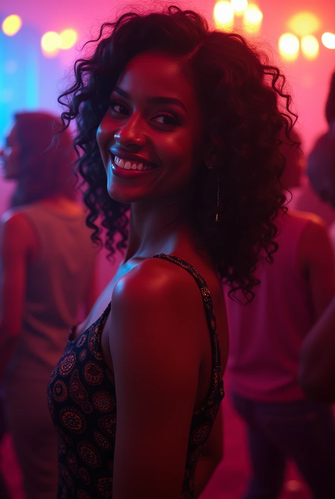 Here's the AI prompt featuring a young African woman at a party:

---

A young African woman, around 30 years old with a slim figure, stands confidently inside the lens of an F1.8 camera, in a close-up shot at a vibrant party. Her natural hair, styled in soft waves, flows over her shoulders as she mingles with the crowd. She’s dressed in a chic party outfit that perfectly accentuates her curves, featuring a sleek dress with intricate patterns. The colorful lights of the party reflect off her skin, highlighting her radiant complexion. With a joyful smile, she glances playfully over her shoulder, her full lips forming a subtle yet captivating expression. The high perspective of the shot, looking down on her, captures the lively atmosphere around her, with people dancing and laughing in the background. Every detail of her appearance and the party setting is captured with intricate detail, sharp focus, and realistic texture. The vibrant energy of the scene is palpable, bringing her beauty and the festive mood to life. Intricate details, highly detailed, sharp focus, detailed skin, realistic skin texture, texture, detailed eyes, high resolution, masterpiece, best quality, professional, 4k, extremely detailed, photorealistic, realistic, post-processing, maximum detail, roughness, real life, ultra-realistic, photorealism, photography, 8k UHD, photography.