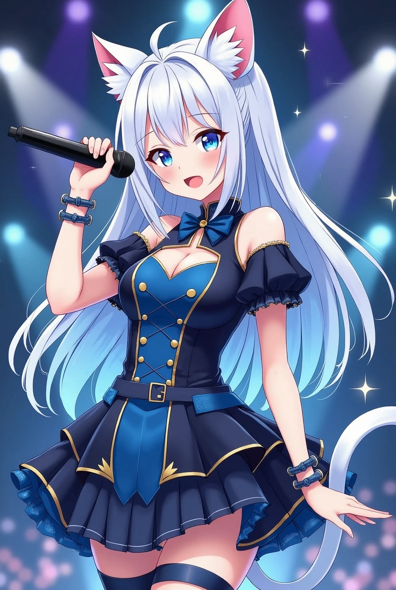 a drawing of a magical girl with anime aesthetics who is an idol with long white hair and cat ears and tail, wearing a short skirt and with a microphone in her hand singing, The dress is very striking and colorful in blue and black tones, with white ears and tail, and the hair has soft light blue highlights, In the background there are lights and sparkles as if I were at a concert
