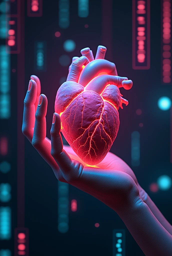 Make a hand holding a heart organ futuristic style y2k
