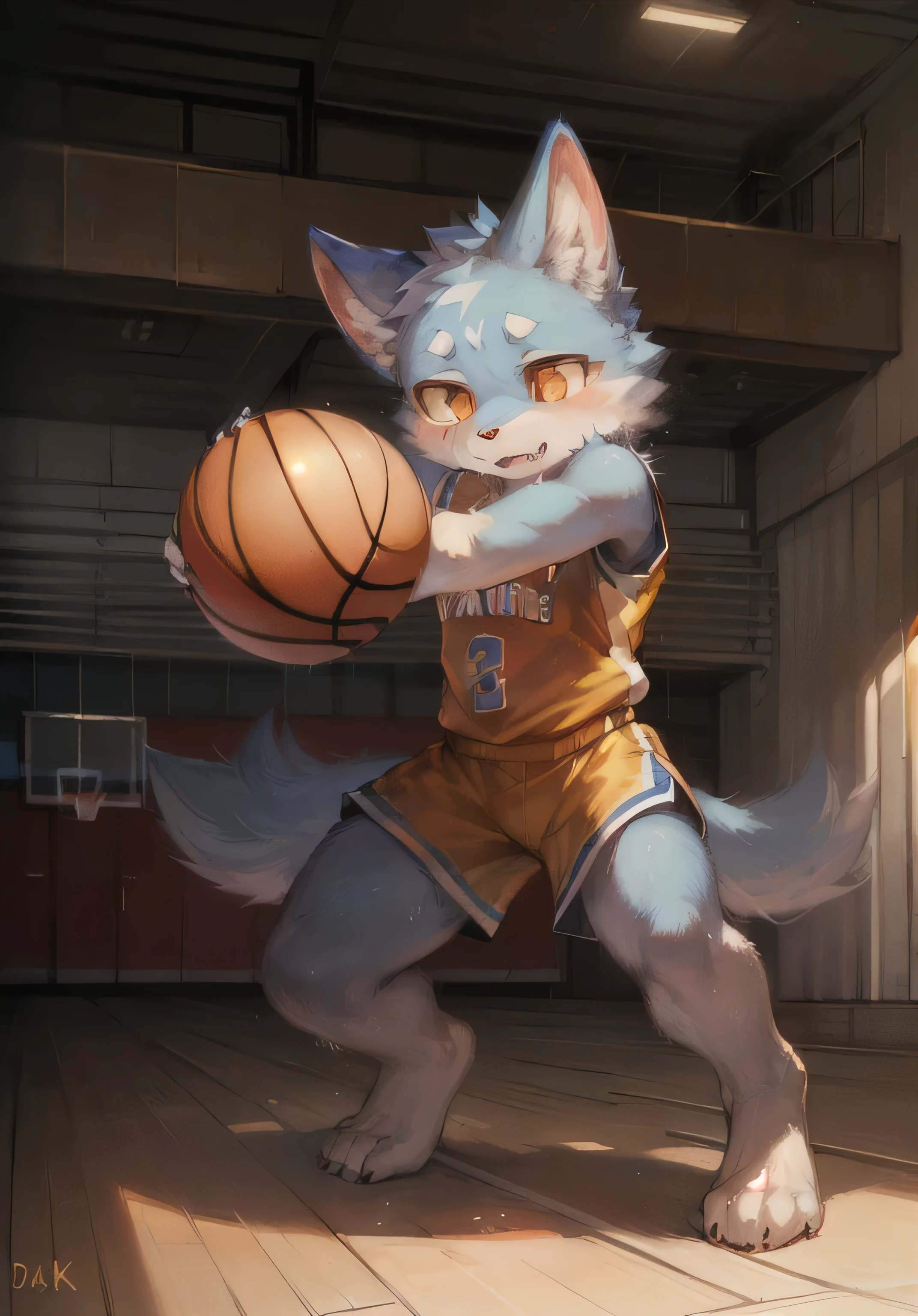 a surreal masterpiece, digital art, by dagasa, fluffy fur, (bright:0.8), anthropomorphized male cat, (orange eyes, gray-blue fur, full body fur, cat nose:1.2), detailed eyes, full shot, character focus, (yellow basketball jersey, dribbling, playing basketball:1.2), (indoor, basketball court:1.2), (best quality,4k,8k,highres,masterpiece:1.2),ultra-detailed,(realistic,photorealistic,photo-realistic:1.37)