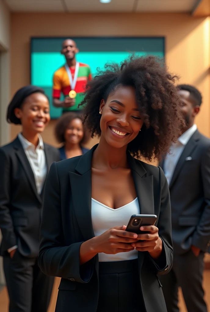 A photorealistic scene capturing the moment of triumph and camaraderie. A young African lawyer, elegantly dressed in a black suit and white camisole, beams with joy as she looks at her phone, surrounded by her smiling colleagues who share in her excitement. The setting is a bright, modern office or library, symbolizing success and achievement. In the background, a flat-screen TV shows Olympic bronze medalist Muzala Samukonga, another young African, proudly accepting his medal while draped in the Zambian flag colors of green, red, orange, and black. The image powerfully connects personal and national accomplishments, celebrating unity, pride, and success.