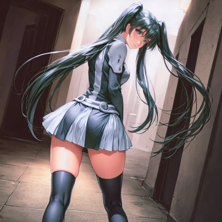 Lenalee, with her long, beautiful legs and twin tails, is walking down a dimly lit hallway in a miniskirt uniform and black knee socks.。Angle seen from behind and far away。