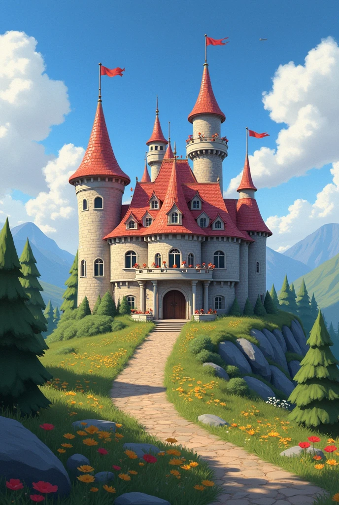 A castle from a 19th century kingdom in Disney Pixar style