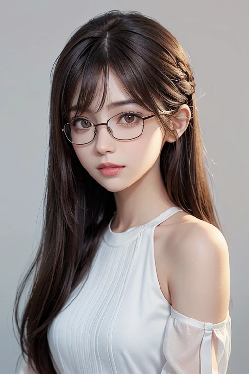 /imagine: Digital illustration of a young woman in her twenties。((face:
Sharp jaw、Thin eyebrows、知的なface立ち
大きな目と高い鼻
目:
Brown eyes、A hairstyle with subtle highlights and gentle glowing eyes:
Medium Length、The bangs are cut diagonally and the hair color is dark brown.:
Light Skin Tone、Smooth and healthy looking skin:
Gentle and gentle smile accessories:
Glasses that give an intellectual impression))。Simple white background、Highlight her features。The style is photorealistic、The texture of the skin and the fine details of the hair are depicted with great detail.。The image is in portrait format、Composition suitable for SNS profile picture。