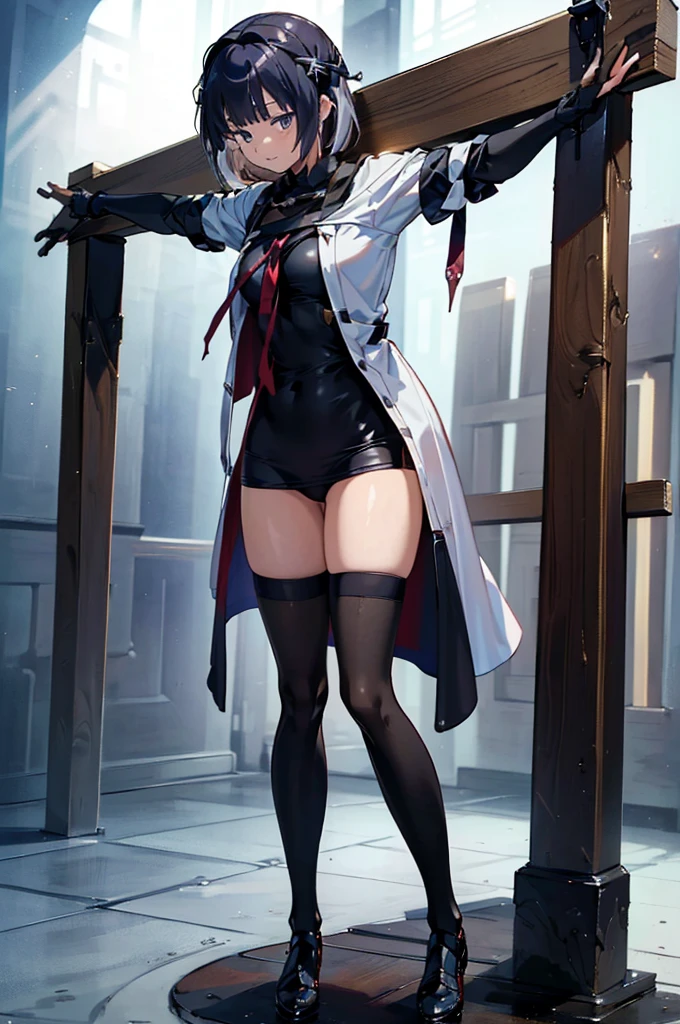 Highest quality,masterpiece,Ultra-high resolution, Very detailed, 8k,(Beautiful woman),一人のBeautiful woman,((Crucifixion)),cross,(execution),((incontinence:1.5)),(Peeをして股間が濡れている),Pee,Peeing,Scared,torture,slave,((crossにCrucifixionにされた女性:1.5)),(がPeeをしている:1.7)
