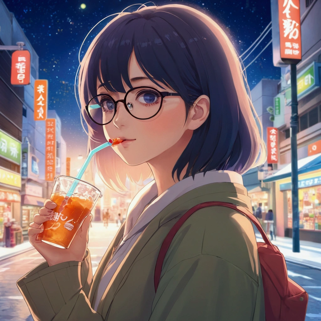 Anime girl with glasses having a drink on a city street, Portrait of Rofi, LOFI Girl, Anime Moe Art Style, Cute girl anime visuals, Lofi Artstyle, Anime Style 4k, Gweiz-style artwork, Anime girl drinking energy drink, Lofi Art, Digital anime illustration, Atei Gailan 8K