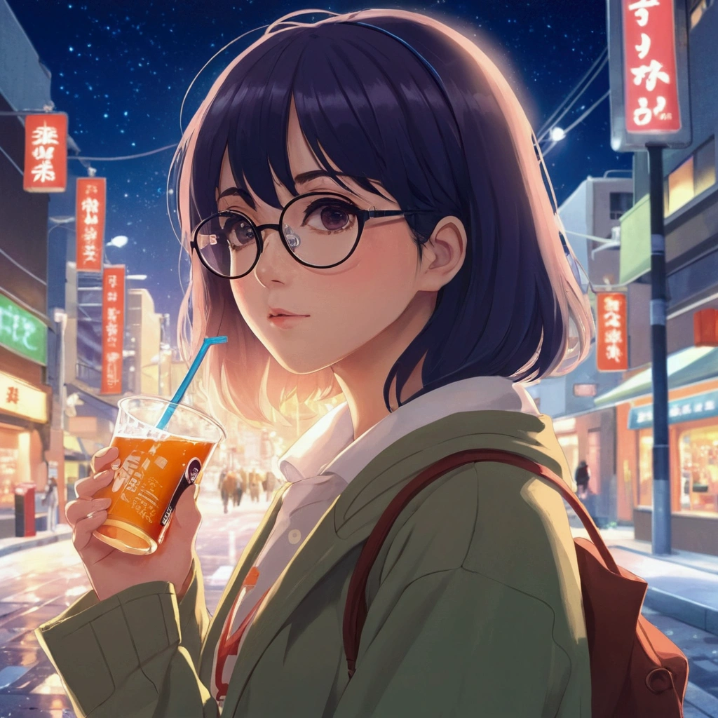 Anime girl with glasses having a drink on a city street, Portrait of Rofi, LOFI Girl, Anime Moe Art Style, Cute girl anime visuals, Lofi Artstyle, Anime Style 4k, Gweiz-style artwork, Anime girl drinking energy drink, Lofi Art, Digital anime illustration, Atei Gailan 8K