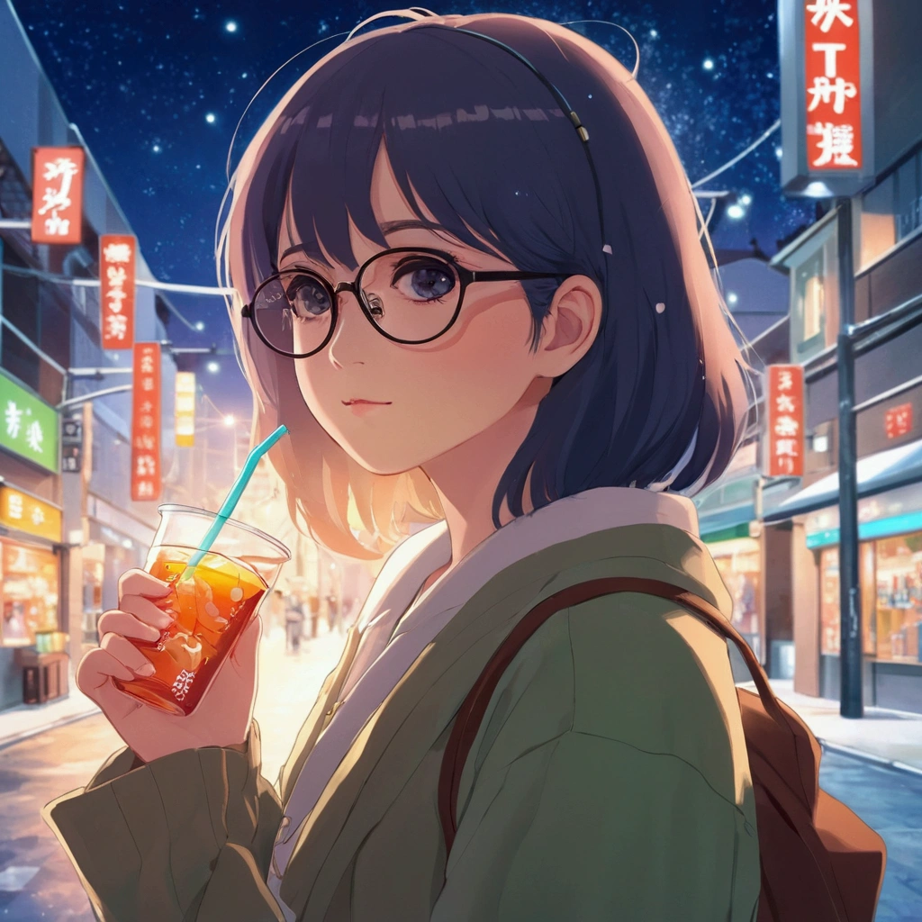 Anime girl with glasses having a drink on a city street, Portrait of Rofi, LOFI Girl, Anime Moe Art Style, Cute girl anime visuals, Lofi Artstyle, Anime Style 4k, Gweiz-style artwork, Anime girl drinking energy drink, Lofi Art, Digital anime illustration, Atei Gailan 8K